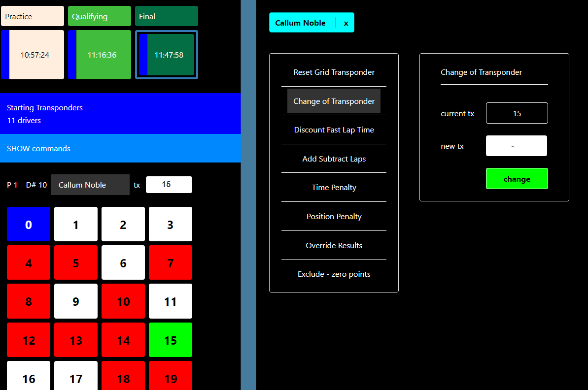 Screenshot of the pit lane and time keeper pages